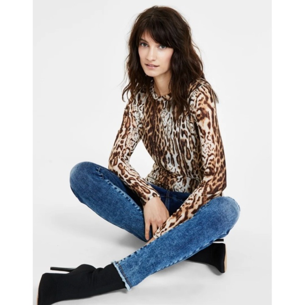 INC International Concept Leopard Print Mesh Top Brown Long Sleeve XL Fall Sheer